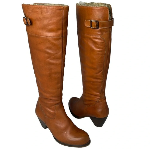 Aback A&B Cognac Leather Knee High Boots Buckle  Heels Faux Fur Inner Band 38 EU - Picture 16 of 16